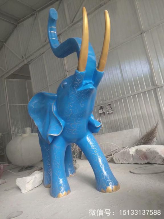 玻璃鋼大象雕塑 深藍(lán)色雕花大象動物雕塑1