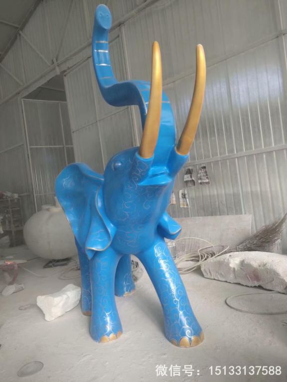 玻璃鋼大象雕塑 深藍(lán)色雕花大象動物雕塑2